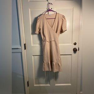 LOFT- tan gingham wrap dress, 12P